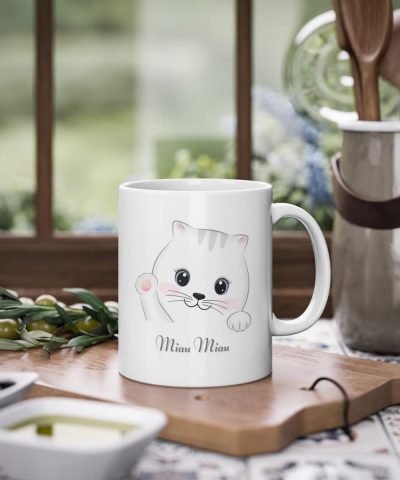 Kaffeetasse weiß mit Katzenkopf "Miau, Miau", 330ml Fassungsvermögen