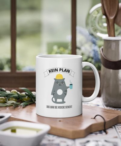 Kaffeetasse weiß mit Spruch "Kein Plan - Das war die andere Schicht", 330ml Fassungsvermögen