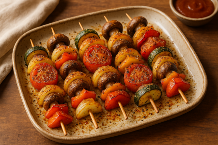 Bunte Gemüse-Spieße aus dem Ofen – einfach & würzig mit Käse überbacken