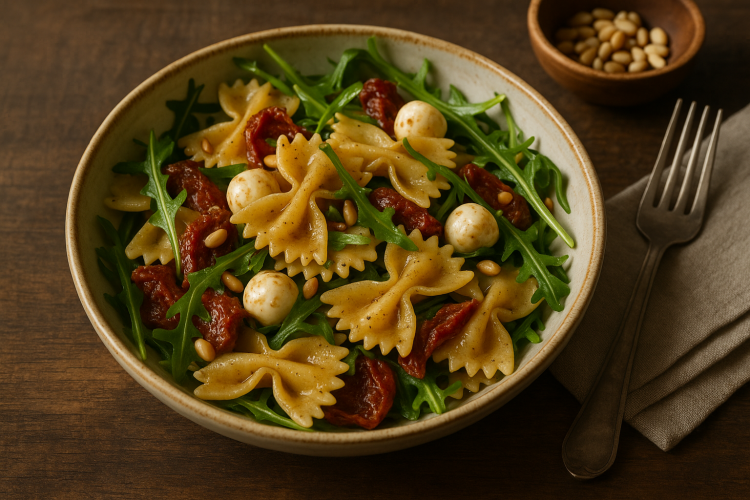 Einfacher mediterraner Nudelsalat mit Mozzarella & Rucola – perfekt für den Sommer